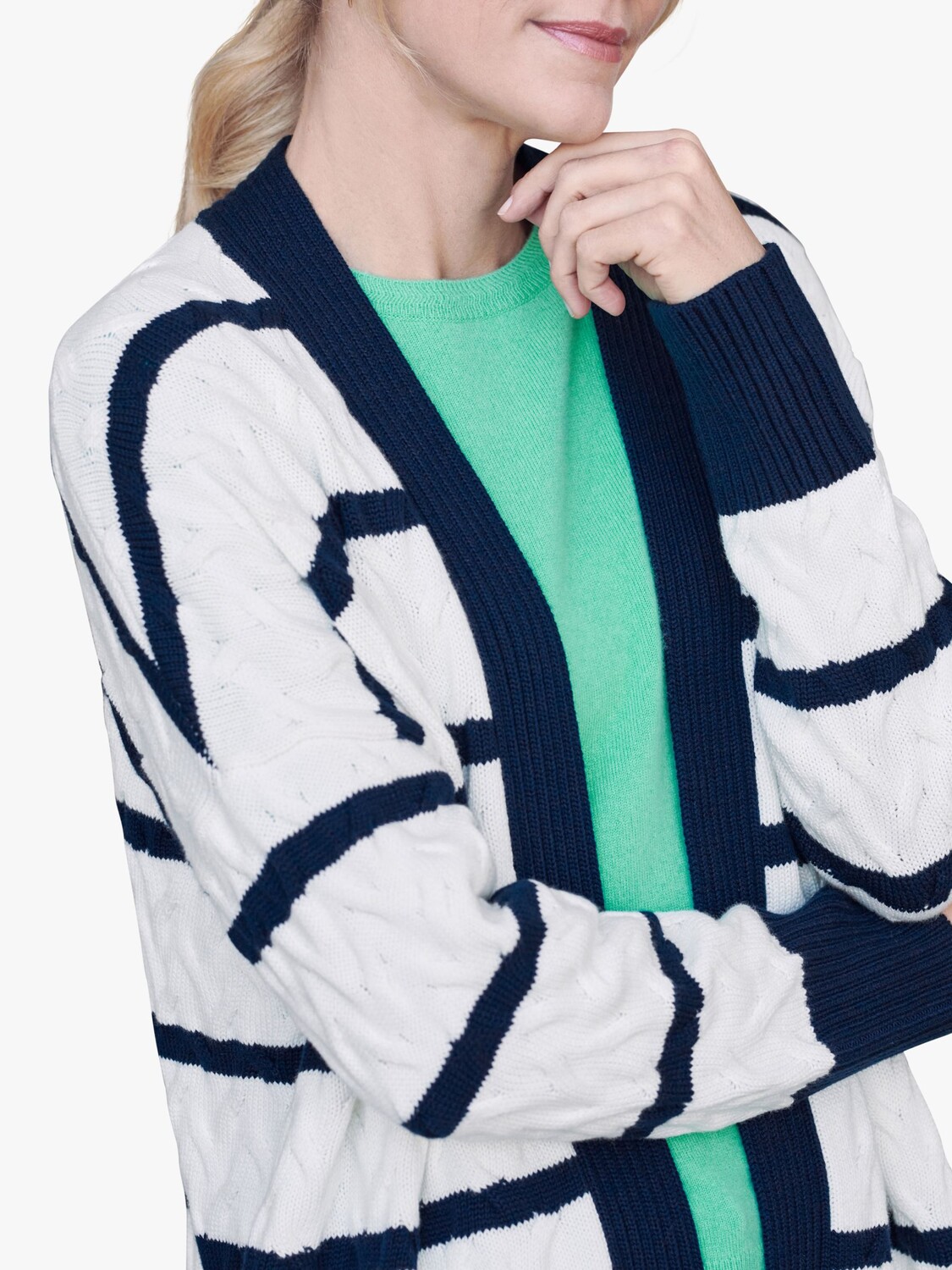 

Кардиган косой вязки из смесовой шерсти в полоску Pure Collection, белый/темно-синий