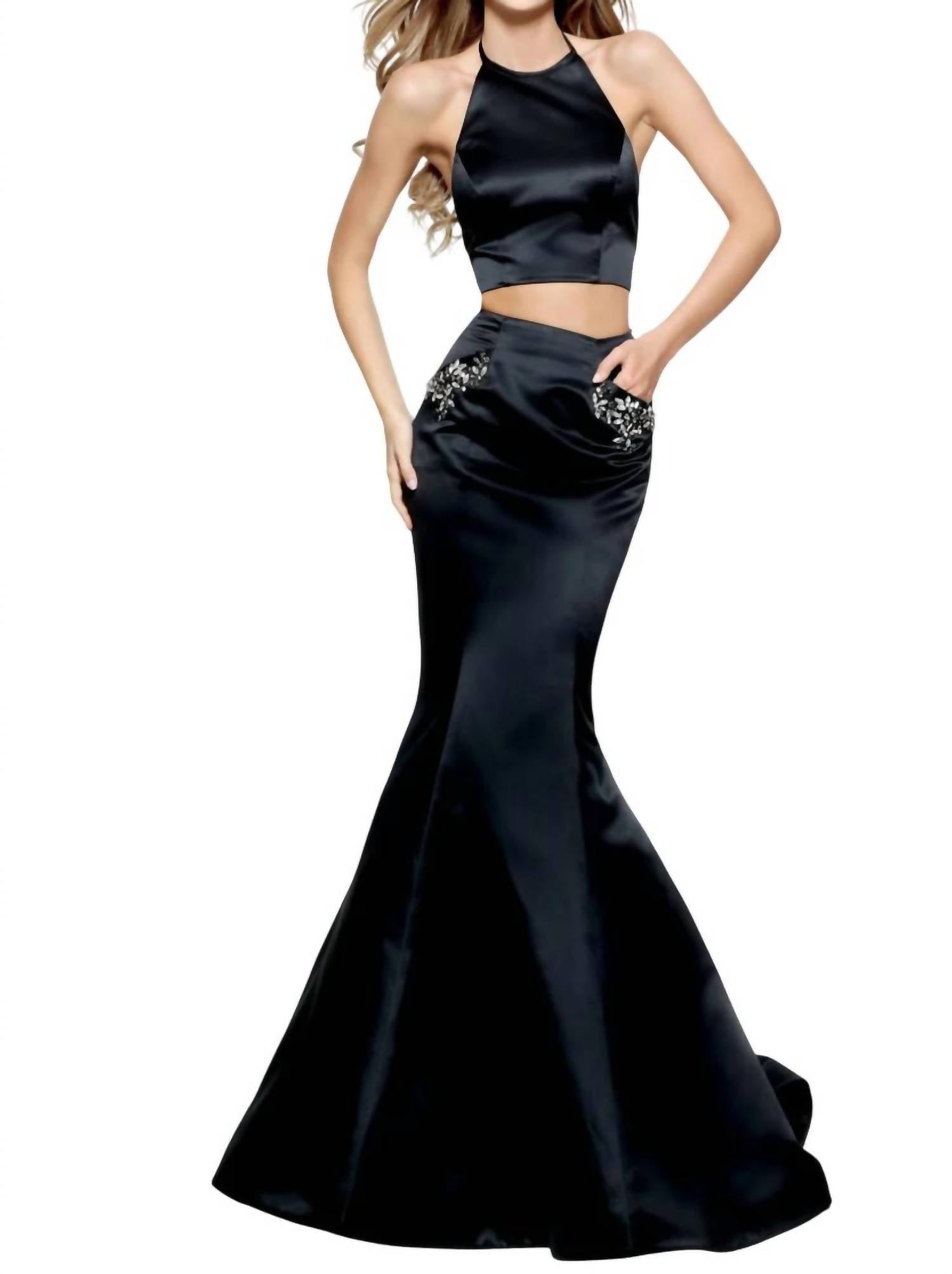 

Атласное выпускное платье из двух частей черного цвета Sherri Hill