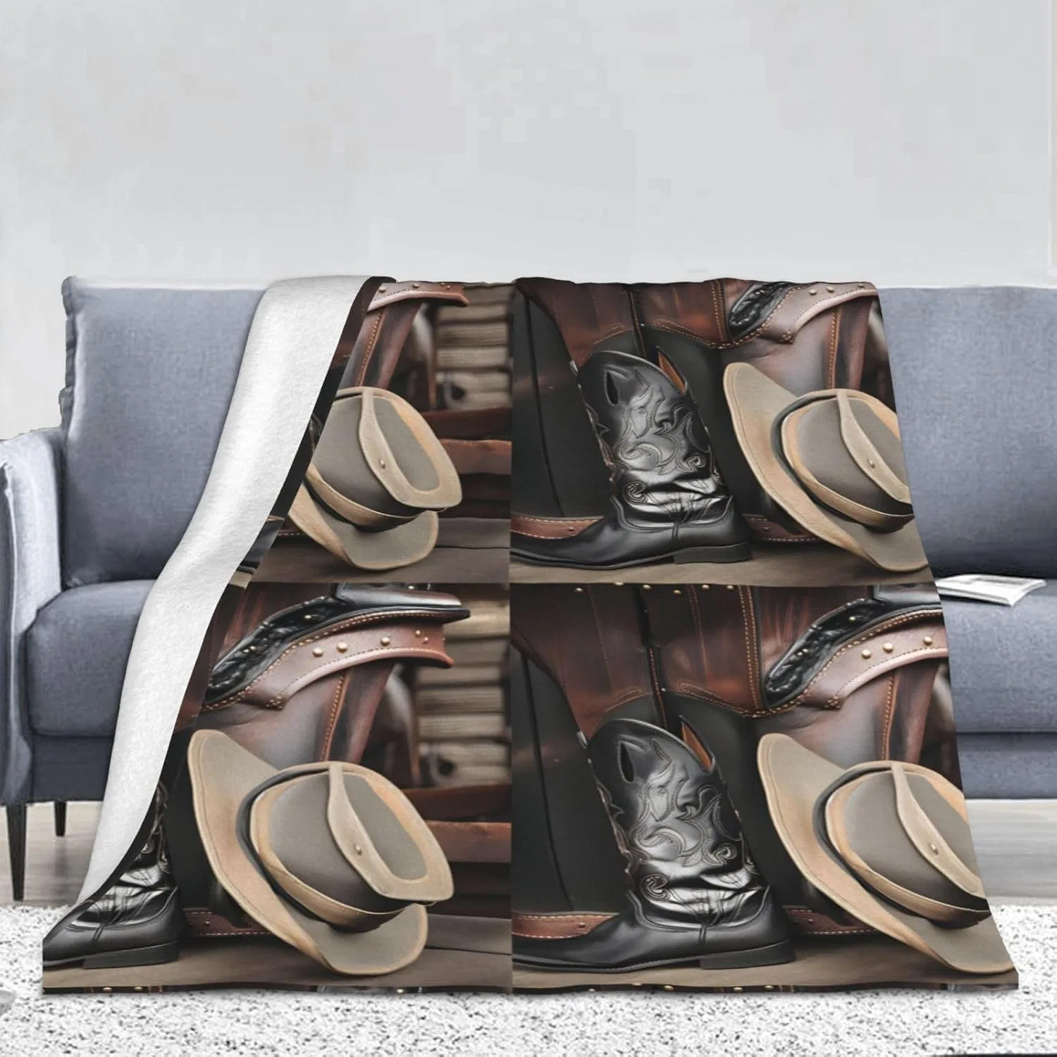 YYHHAOFA Ботинки Cowboy-Flanelldecke, schwarzer Hut, Westernstiefel, 167,6 x 228,6 cm dick: hautfreundlich, warm und bequem, pflegeleicht und langlebig