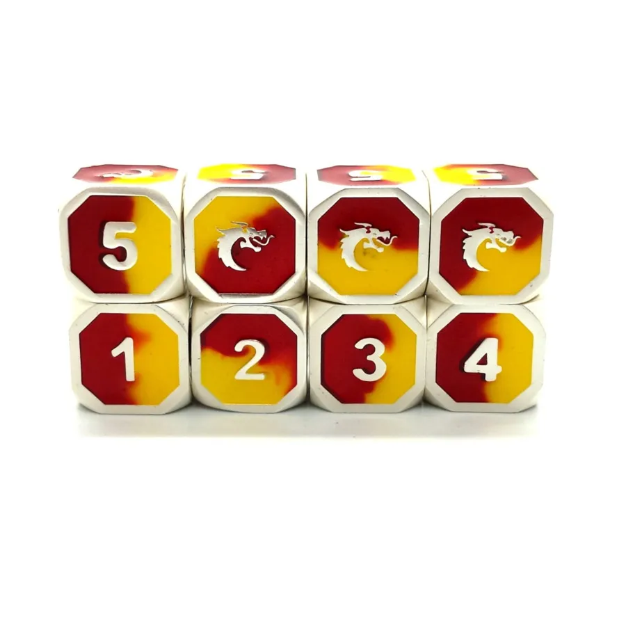 

Набор d6 — платиновый с красным и желтым (8), Metal Dice - Dragon Forged