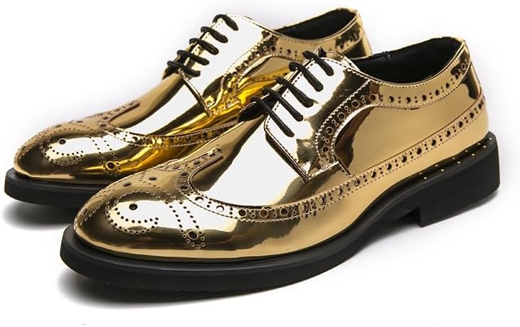Мужские туфли Oxford с шнуровкой Brogue с тиснением, блестящие дерби, противоскользящие, низкие, с резиновой подошвой, для вечеринок Jiadeli, золотой — фото 2