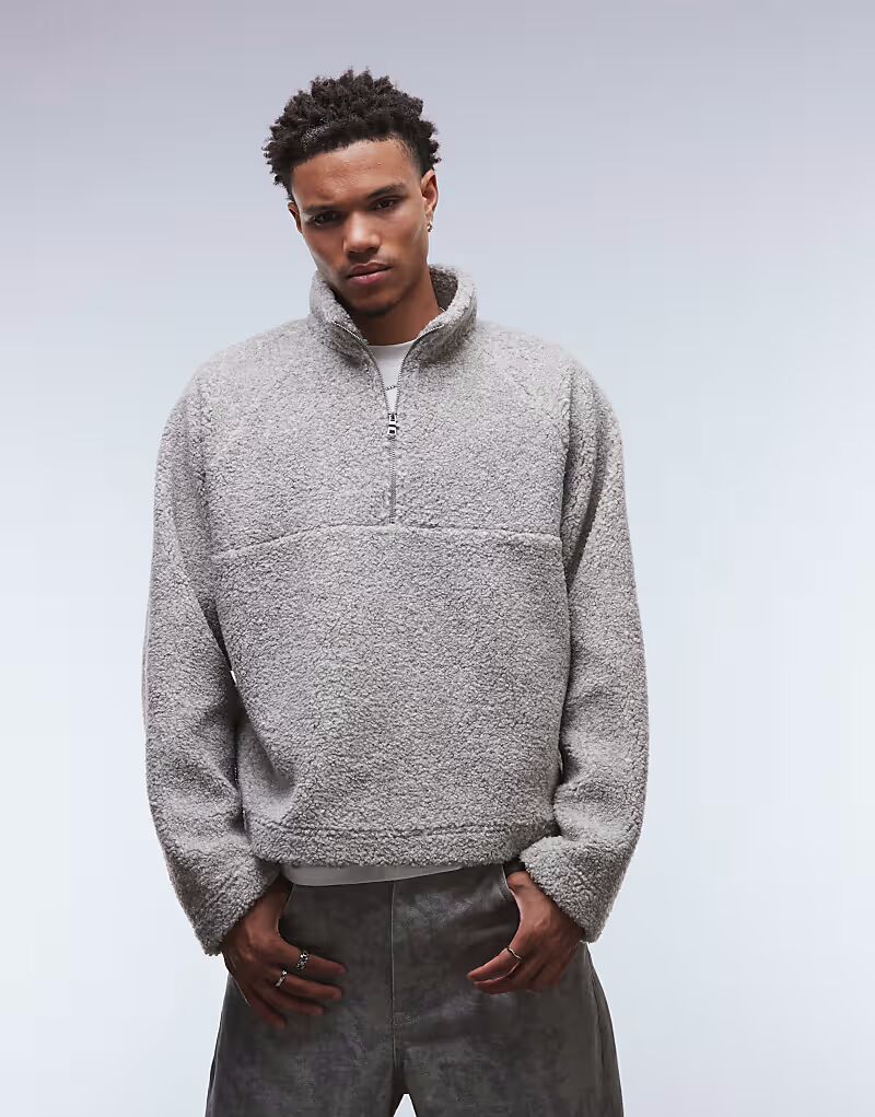 

Свободный свитшот с воротником-стойкой и застежкой на молнию на четверть дюйма, бежевый меланжевый Asos Design