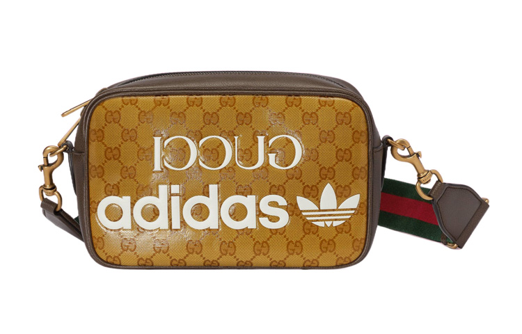 

GUCCI Сумка для фотоаппарата Adidas Collaboration из холста с кожаной отделкой, сумка через плечо, маленькая мужская, коричнево-желтого цвета