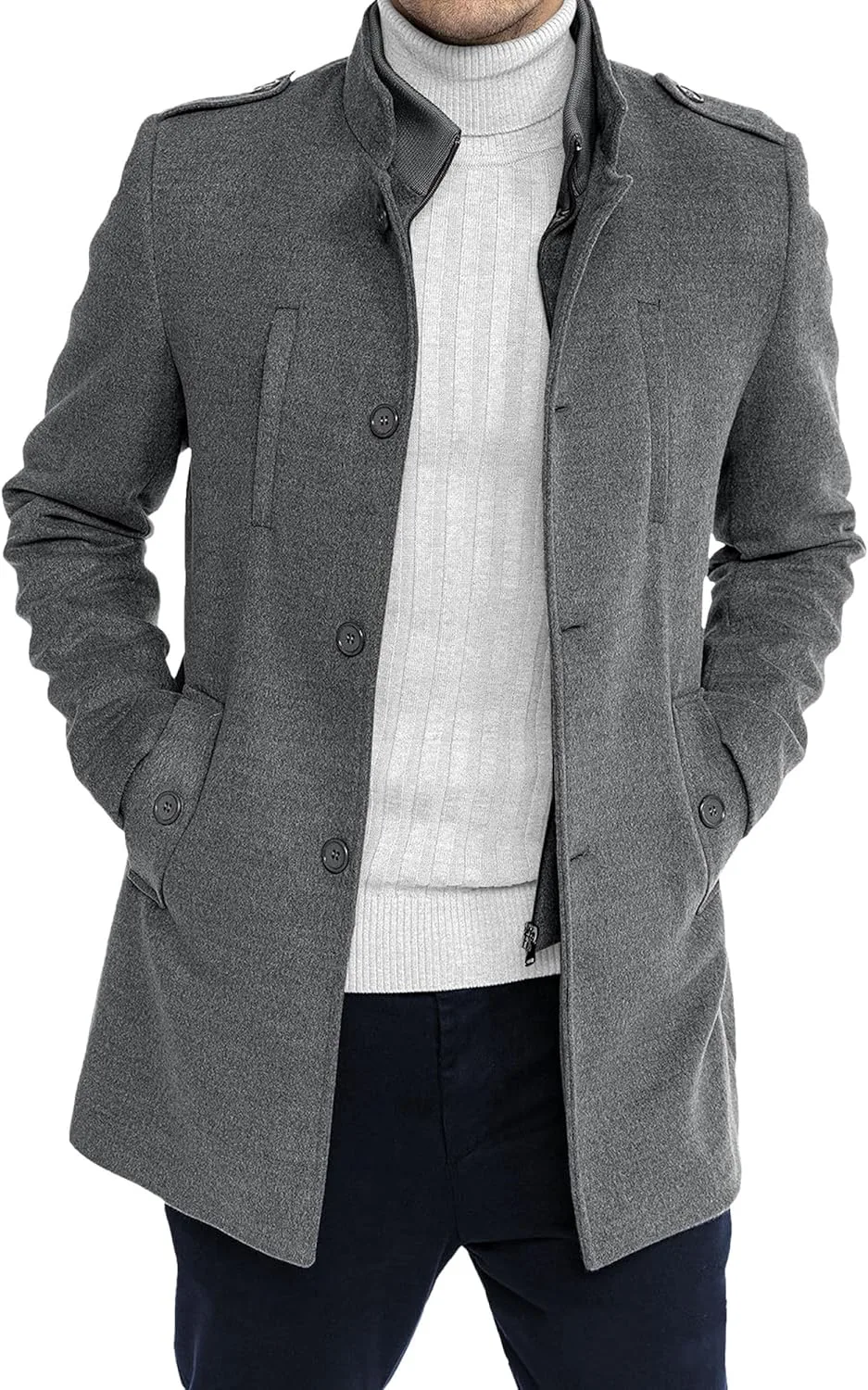 Пальто pea coat для мужчин, тренчкот с длинным рукавом, отложной воротник, однобортное пальто pea coat, повседневное, средней длины, приталенный силуэт Generic, серый