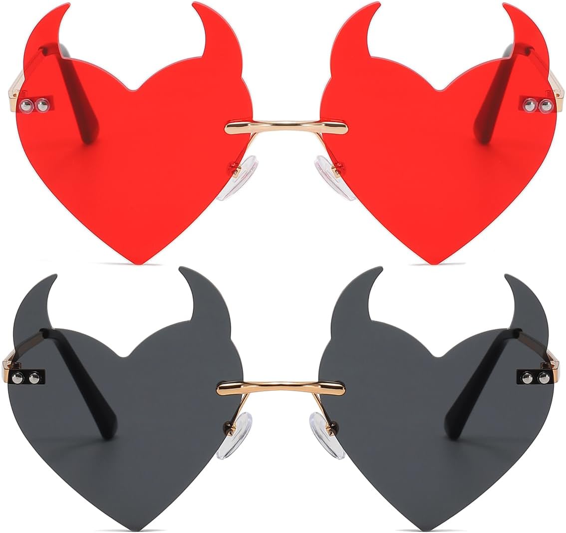 

Женские солнцезащитные очки в готическом стиле с рогами и сердцем, без оправы, в стиле панк 90-х, модные очки с сердечками для вечеринок и фестивалей, цветные солнцезащитные очки D Lolylad, Goth/Black/Red