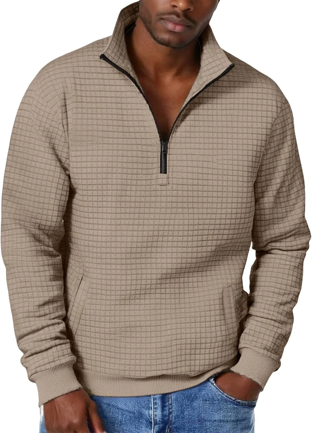 

Мужской свитшот с четвертью молнии — длинный рукав, вафельная ткань, удобный карман