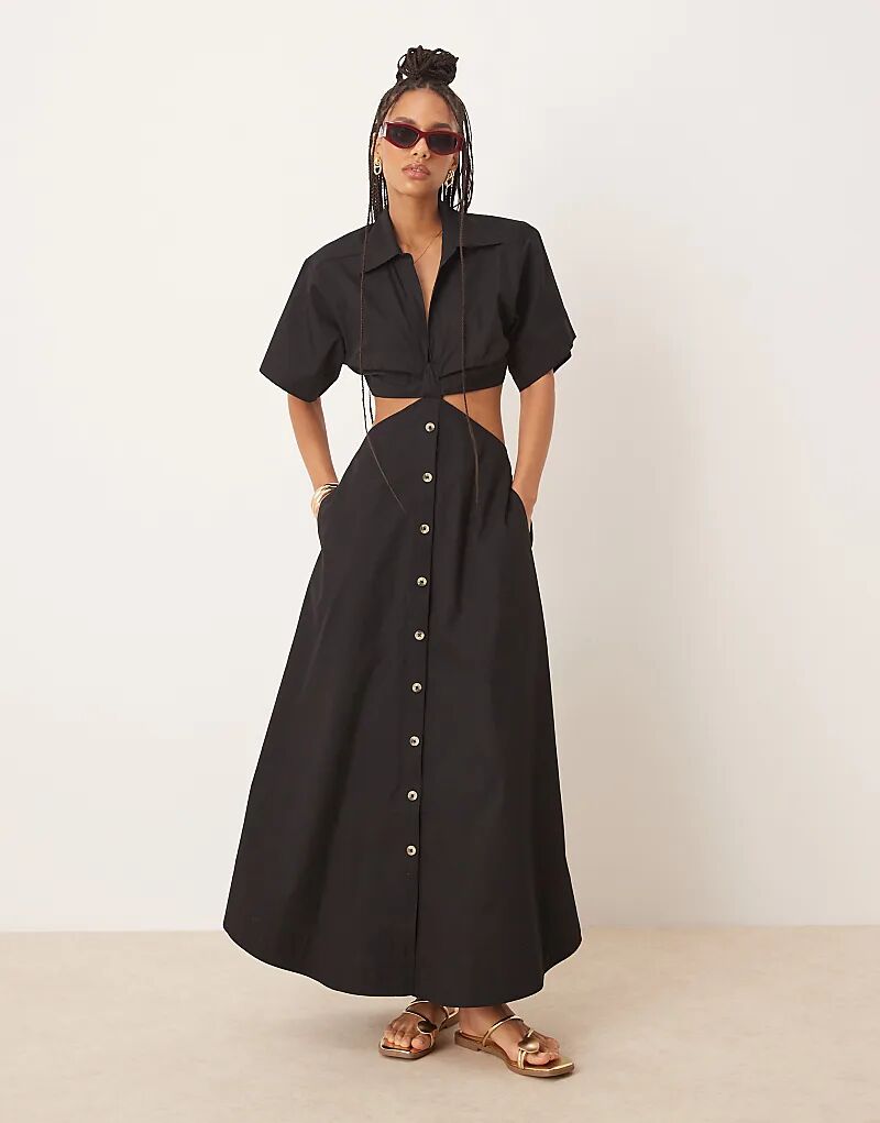 

Платье миди с V-образным вырезом и вырезом на талии ASOS DESIGN черного цвета