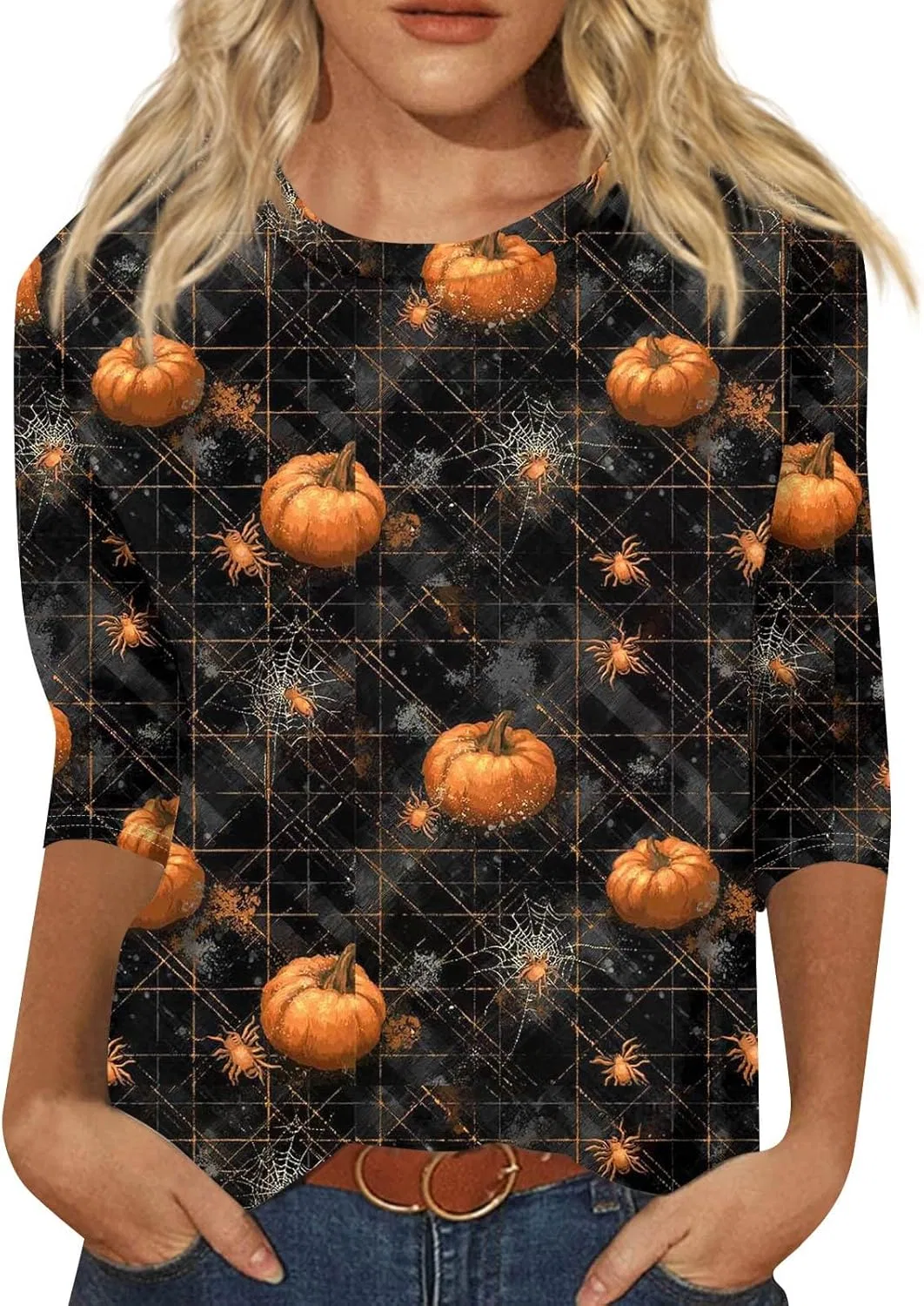 Футболка с принтом на Хэллоуин, 3/4 рукав, оверсайз, женская, жёлтый