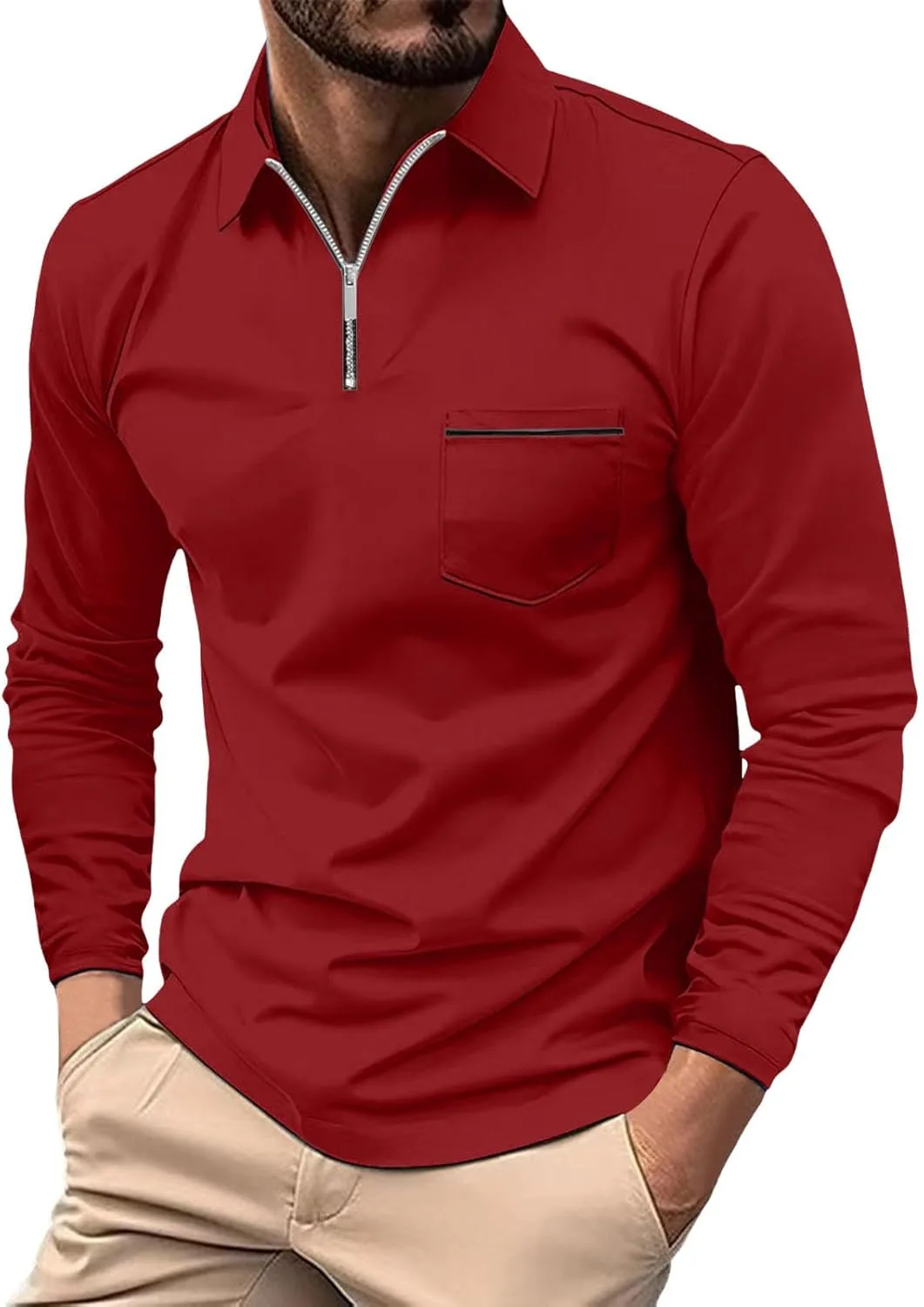 

Мужская поло с длинным рукавом и воротником на молнии, классический силуэт slim fit, с карманом