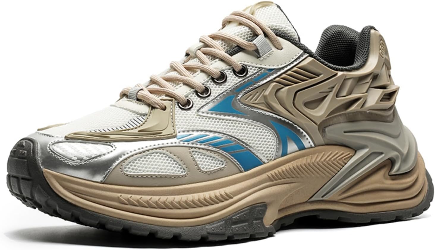 

Мужские кроссовки Netehadi, дышащие, из сетки и кожи, на шнуровке, с массивной платформой, повседневные, нескользящие, с круглым носком, для вождения, прогулок, тенниса, бега, стиль «Dad Sneakers», бежевый