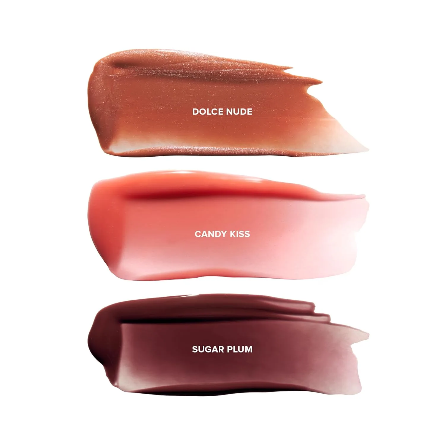 Набор Nudestix Hydrating Peptide Lip Butter Tint - 3 блестящих бальзама для губ с авокадо, маслом ши и пептидами, увлажняющие nude-оттенки, Dolce Nude, Candy Kiss, Sugar Plum — фото 2