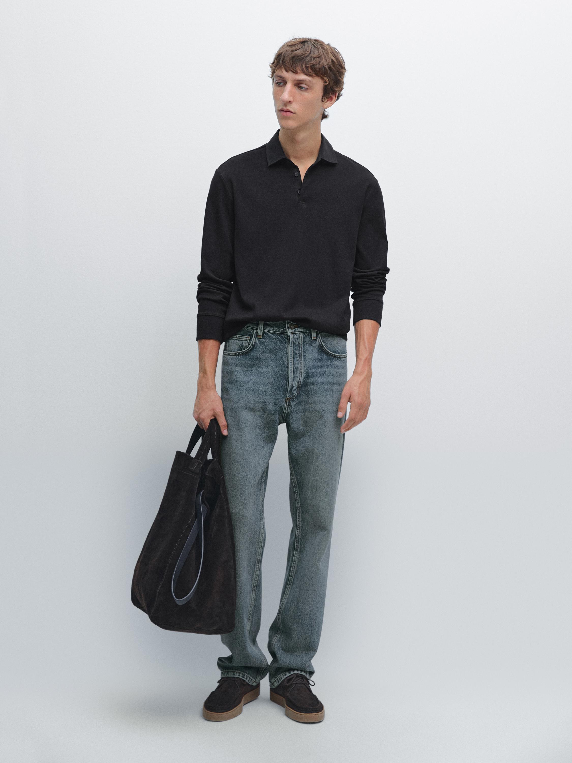 

Рубашка-Поло с длинными рукавами и контрастным воротником Massimo Dutti, темно-синий