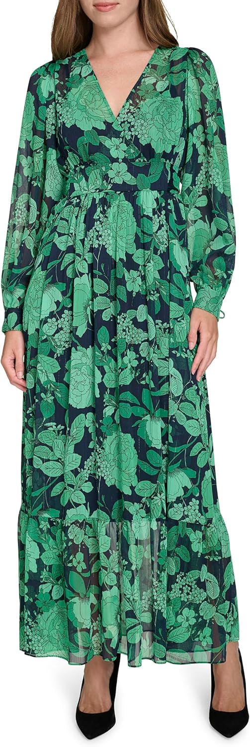 

Женское платье макси Tommy Hilfiger с рукавами-фонариками, завязками на манжетах и вырезом-сюрпризом, Sky Captain/Abundant Green