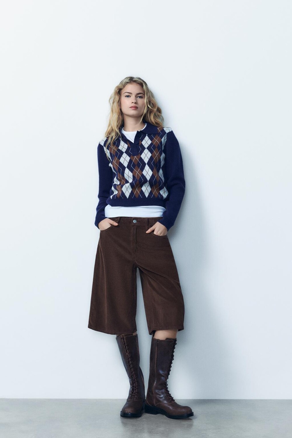 

Свитер поло с жаккардовым узором argyle ZARA, темно-синий
