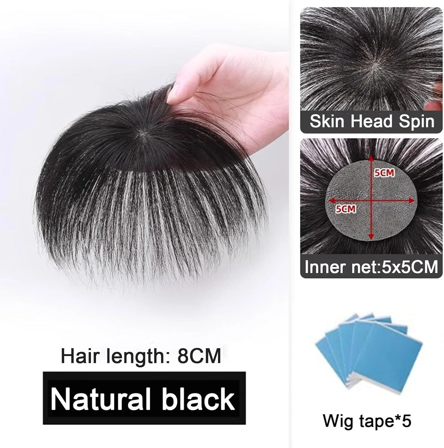 Накладка на лысину V Premier Human Hair Patch Thin Skin 5x5 см, длина 8 см — фото 2