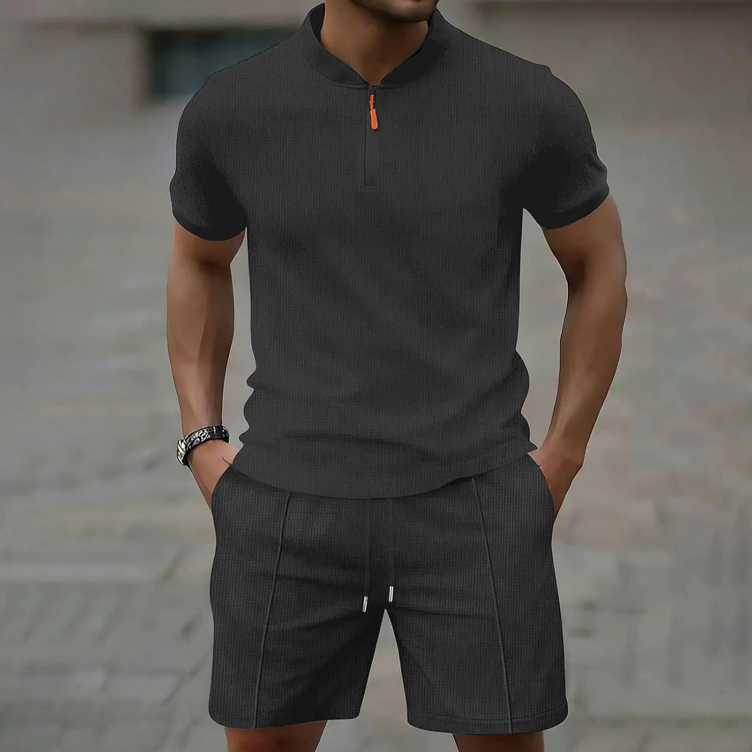 Мужской спортивный костюм из футболки поло и шорт, Cotton Polyester, Dark Gray — фото 2