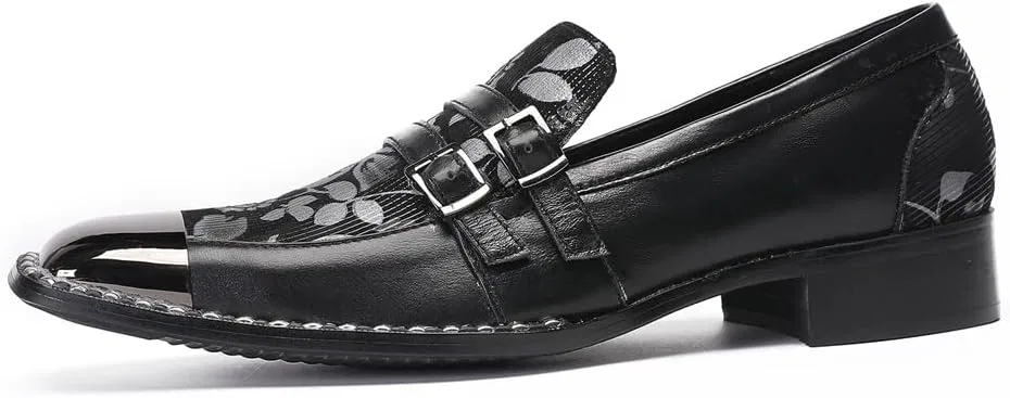 Лоферы мужские кожаные с цветочным принтом, Square Toe Metal Toe Cap, Black Dacnakby — фото 2