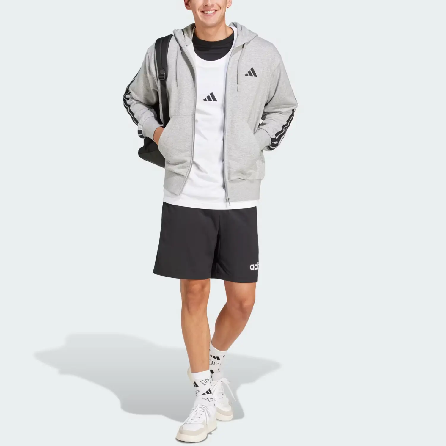 Эссеншиалс 3 полоски флисовая толстовка с полной молнией Adidas, средне-серый/черный — фото 3
