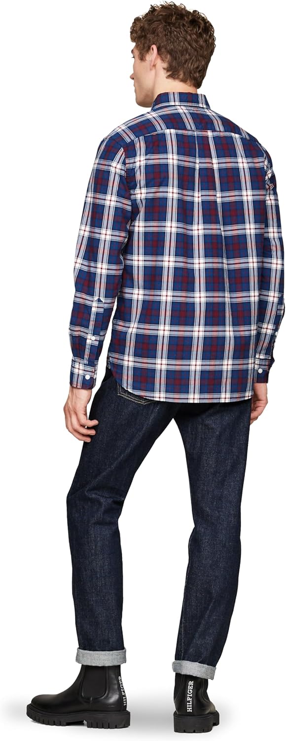 Мужские рубашки Tommy Hilfiger Poplin с длинным рукавом, классического кроя, застегивающиеся на пуговицы, также доступны в размерах для больших и высоких размеров., Deep Indigo / Rouge Check — фото 3
