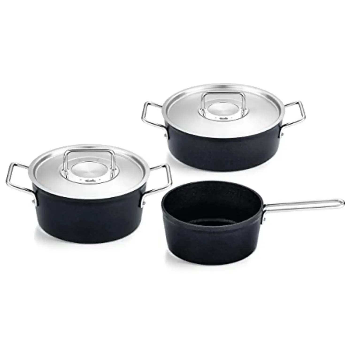 

Набор кастрюль Fissler «Адамант», алюминий, (набор, 3 предмета, кастрюля 20 + сковорода 24 + кастрюля 18см, без даты), производство Германия, черный