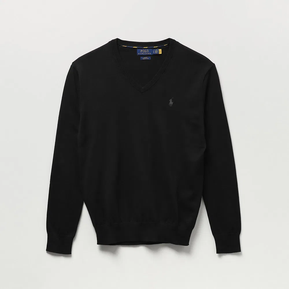 Мужской хлопковый свитер с V-образным вырезом, чёрный, от Polo Ralph Lauren