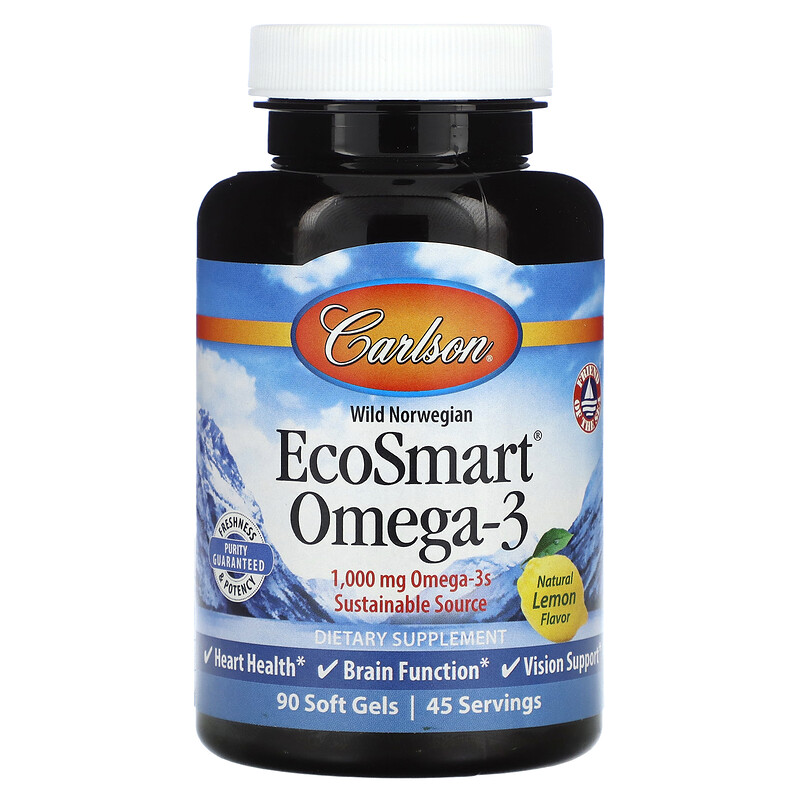 

Carlson, EcoSmart, омега-3 из норвежской рыбы дикого улова, с натуральным лимонным вкусом, 1000 мг в порции , 90 капсул (500 мг в 1 капсуле)