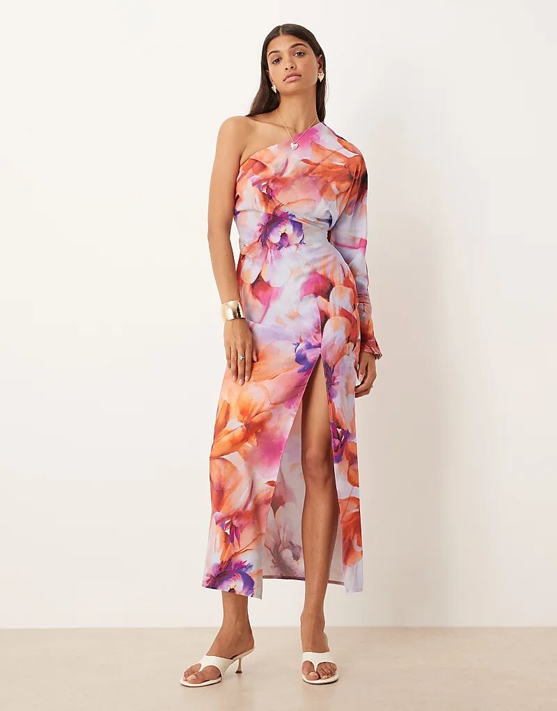 

Платье мидакси ASOS DESIGN на одно плечо с драпировкой и розовым цветочным принтом