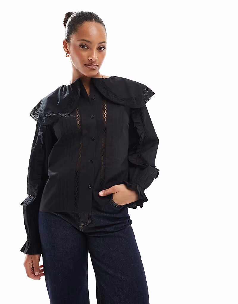 

Рубашка ASOS DESIGN с кружевом и вышивкой, большим воротником, черного цвета