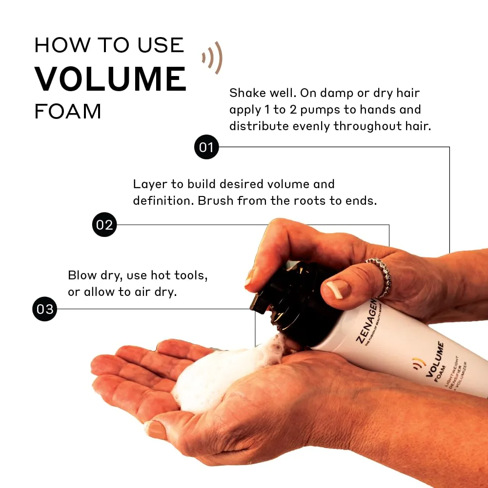 ZENAGEN Volume Foam - легкий уплотнитель и плоймер для объема, увеличивает объем и густоту волос, обеспечивает легкую фиксацию, питает и укрепляет, нежирная формула на растительной основе, веган, для всех типов волос 207 мл — фото 4