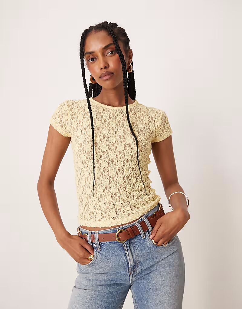 

Кружевная полупрозрачная футболка с короткими рукавами цвета пахты и желтого цвета Asos Design, Желтый, Кружевная полупрозрачная футболка с короткими рукавами цвета пахты и желтого цвета Asos Design