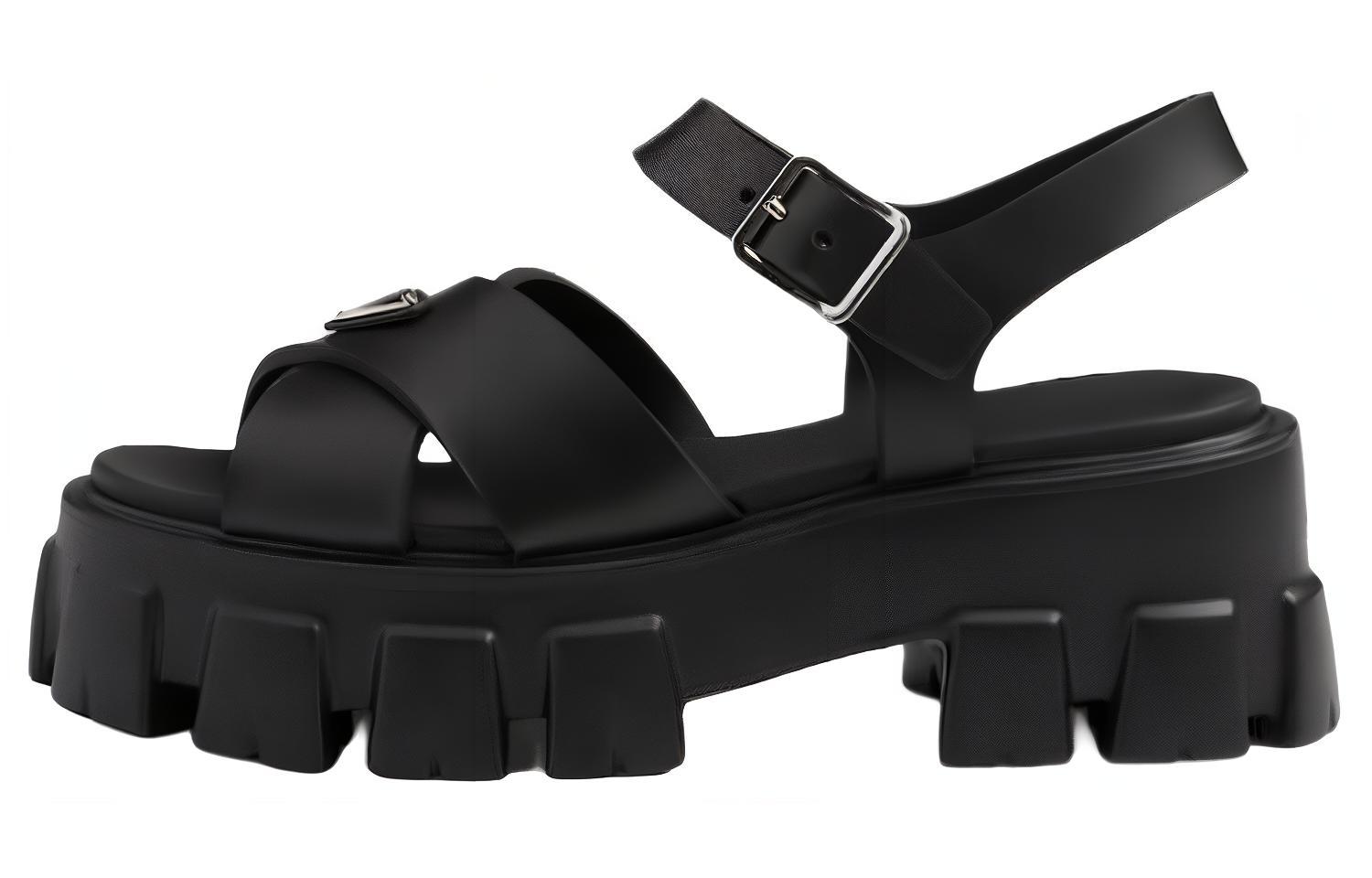 Сандалии на платформе с треугольным логотипом PRADA, Black