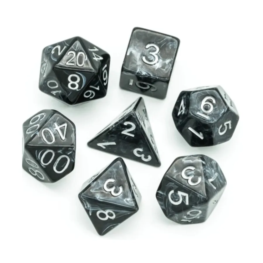 

Набор Poly — черный матовый белый шелк с серебром (7), Dice Sets - Resin/Acrylic - Black, Grey, White, & Metallics (Foam Brain Games)