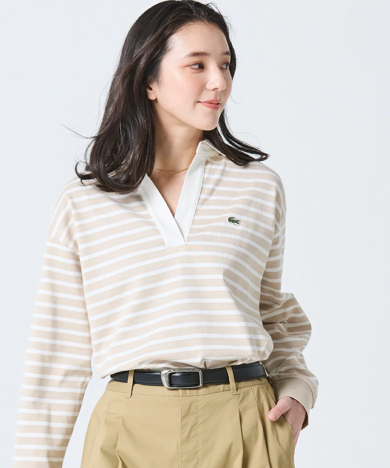 Лонгслив Cotton Jersey Скиппер-Нек, бежевый с бордовой полосой