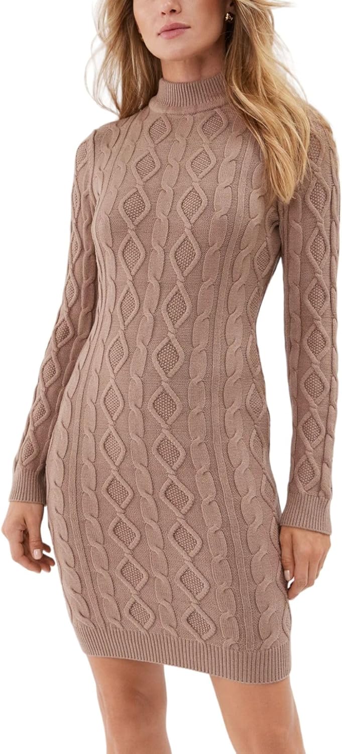 

GUESS женское платье с длинными рукавами, воротником-стойкой и косой вязкой Sera, Silk Taupe