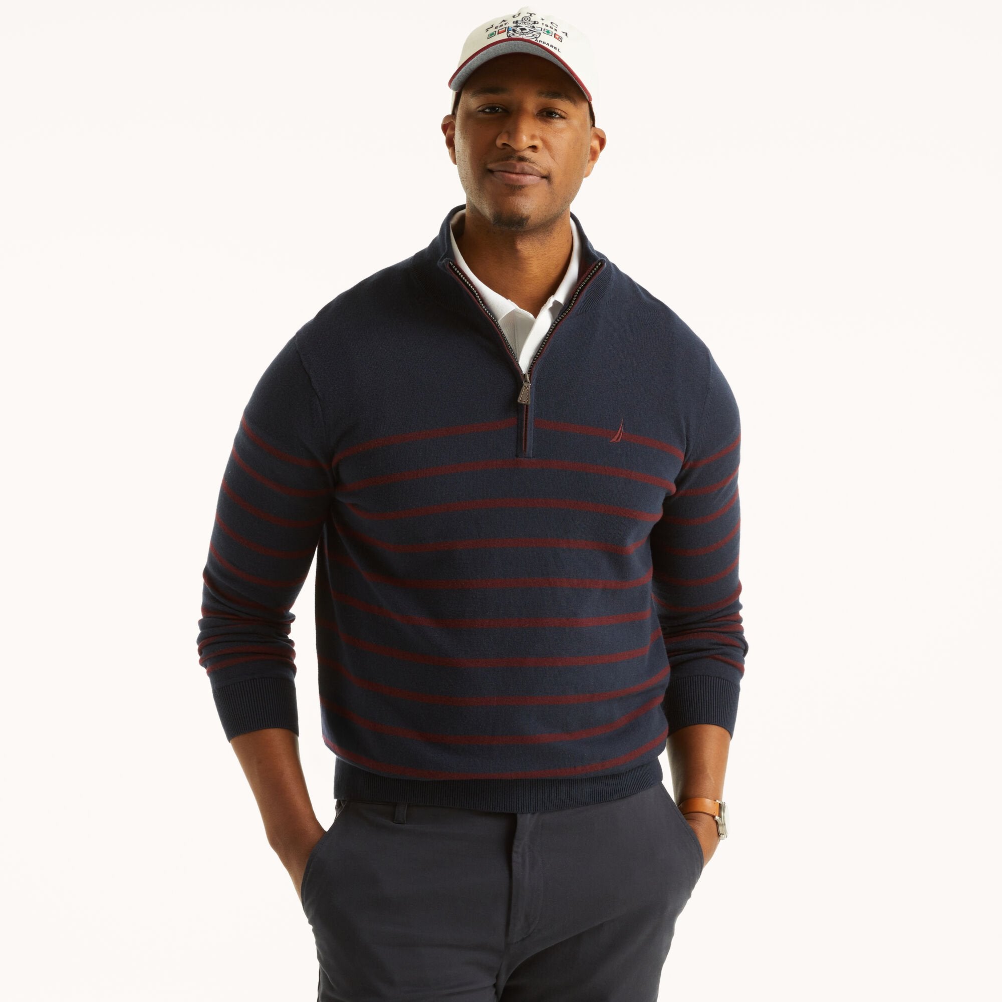 

Nautica Mens Big & Tall Navtech Полосатый свитер с застежкой-молнией на четверть, темно-синий