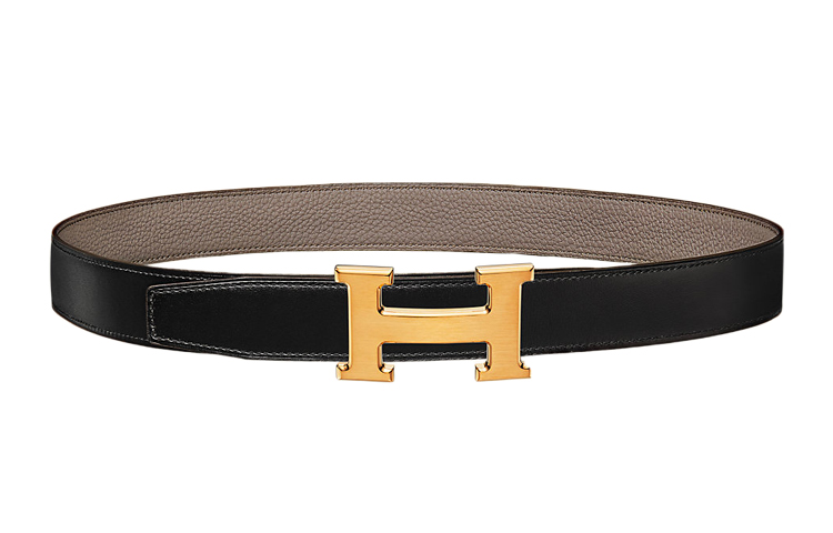 

HERMES Ремень с пряжкой H Togo из телячьей кожи, двусторонний, кожаный, унисекс, черный/оловянно-серый, 3,2 см