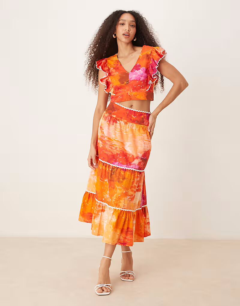 

Юбка миди с фестончатой отделкой, оранжевый принт Hope & Ivy