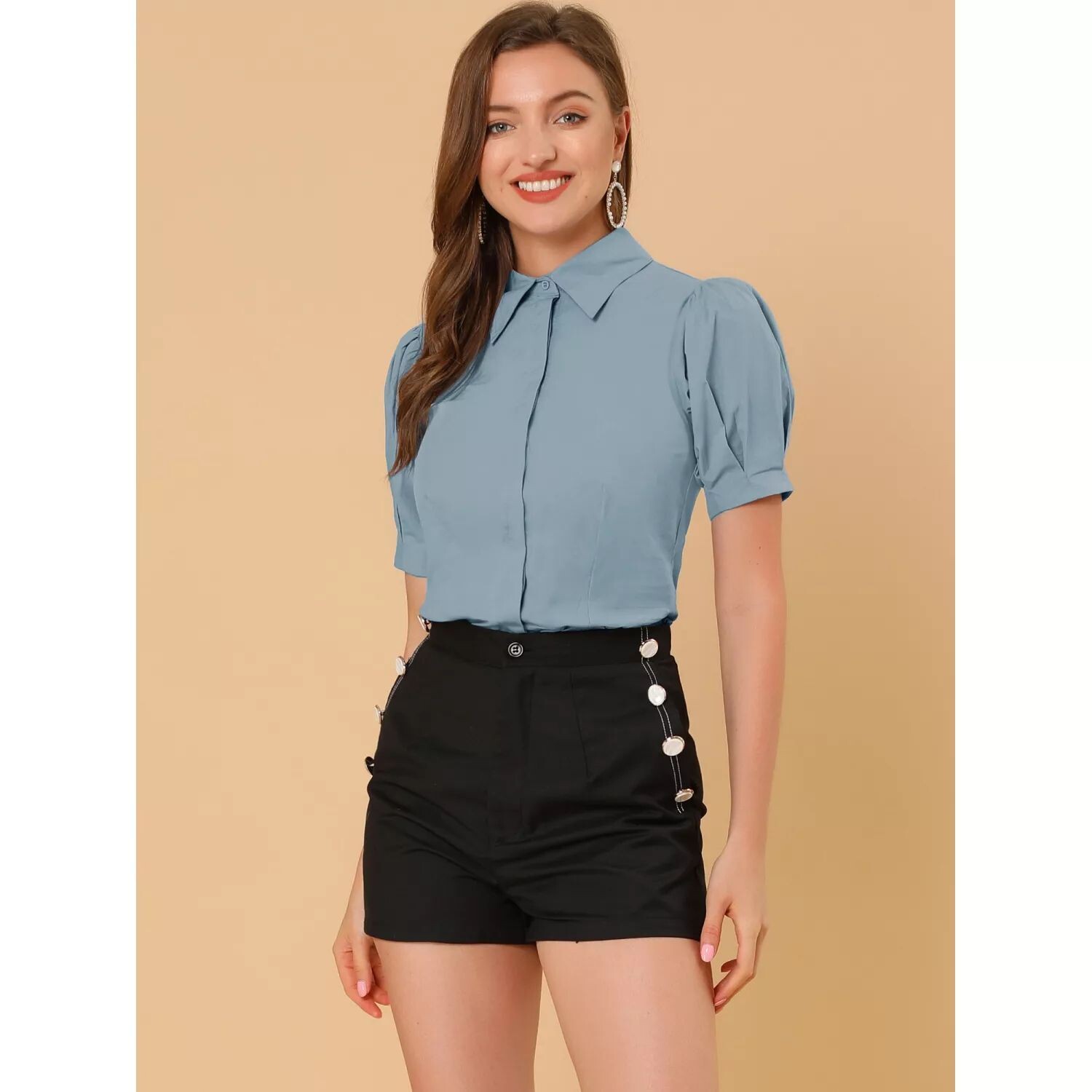 

Женская офисная рубашка с пышными рукавами и острым воротником на пуговицах ALLEGRA K, черный