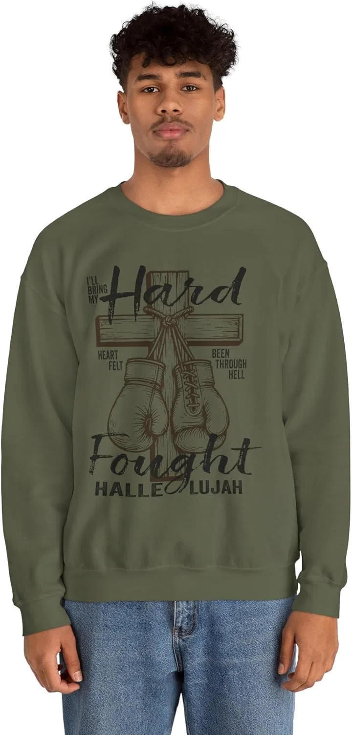 FaithInGraceDesign Толстовка Hard Fought Hallelujah, христианская одежда, одежда веры, свободный крой для мужчин и женщин, Military Green — фото 2