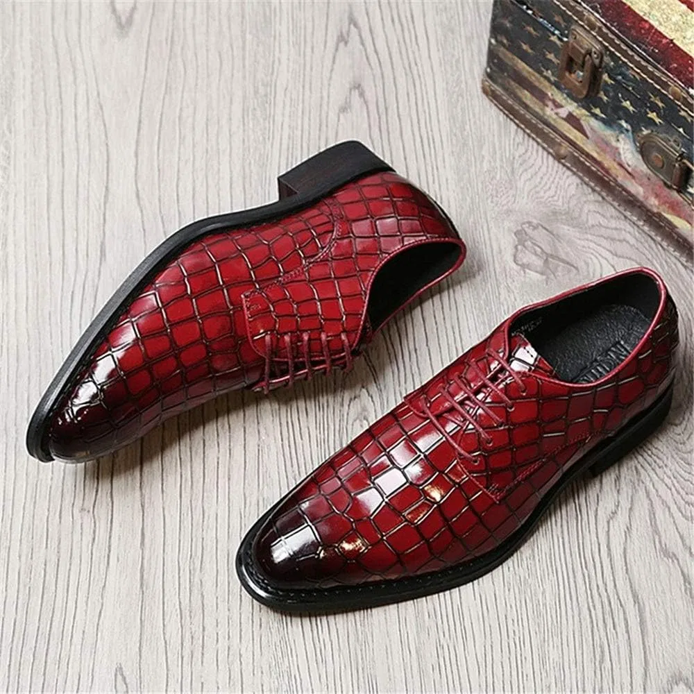 Туфли Kleiderschuhe für Männer Schnürung Krokodilgeprägte Schuhe Kuhspannern Gummi-Sohle Anti-Rutsch-Low Top Block Heel Hochzeit Generic, Wine Red — фото 3