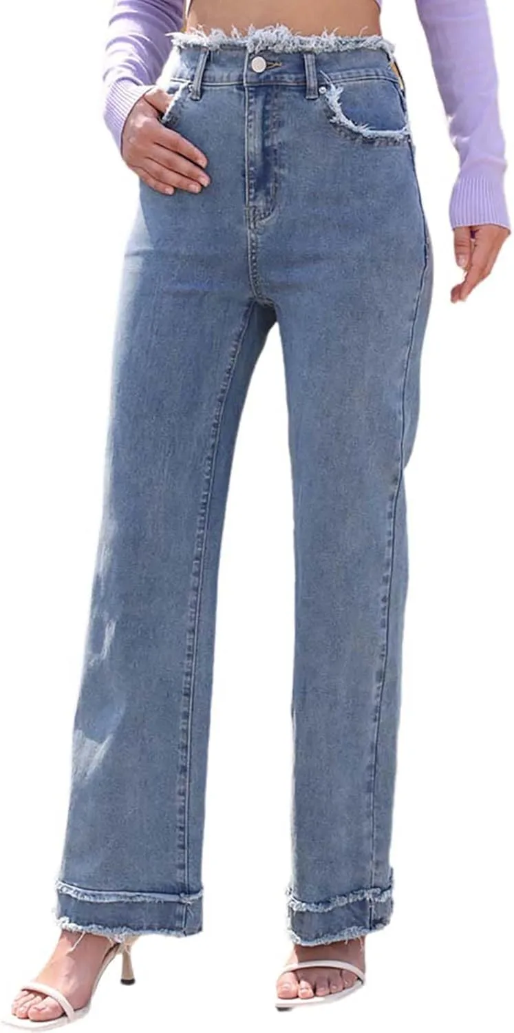 

Женские джинсы Casual Straight Leg Mid Rise Stretchy Lightweight Raw Hem Patchwork QLAUYIOE