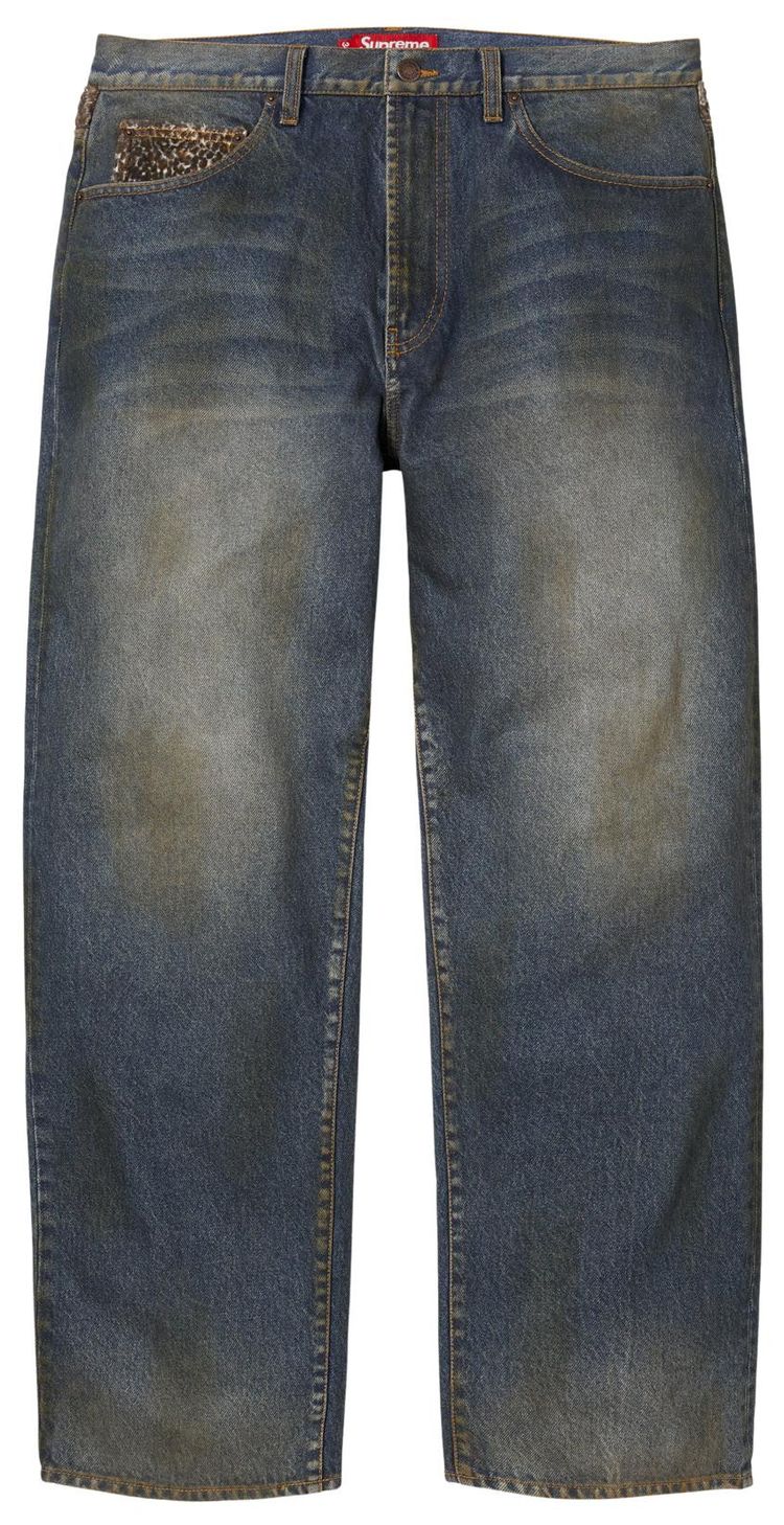 

Джинсы Supreme с леопардовым принтом и искусственным мехом, свободного кроя