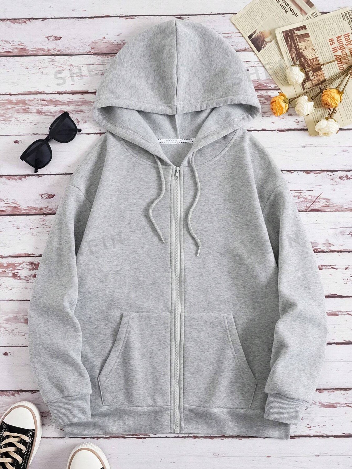 

EZwear Толстовка, застежка-молния, кулиска, теплая подкладка Shein, светло-серый