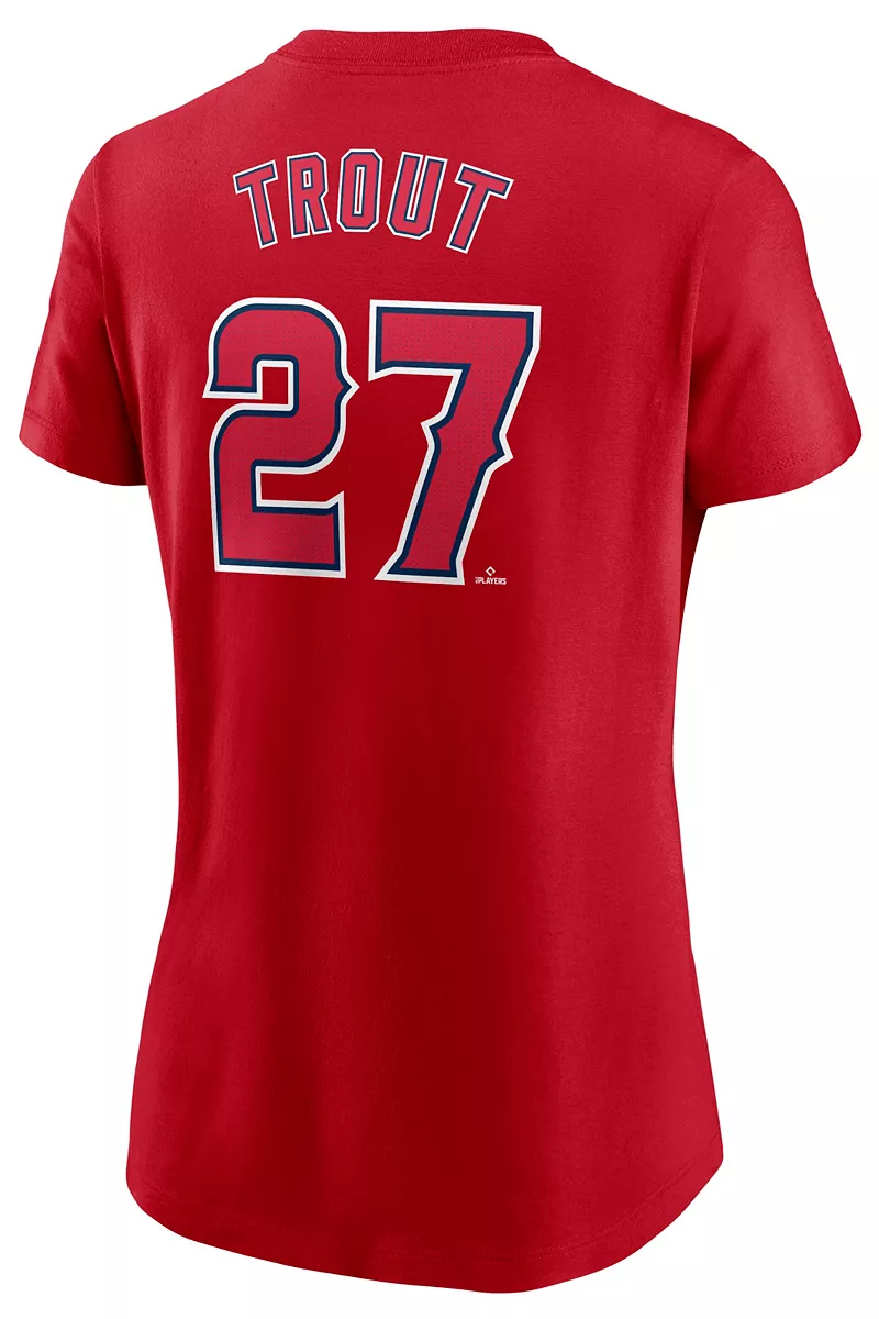 Женская красная домашняя футболка Nike Los Angeles Angels Mike Trout #27 — фото 3