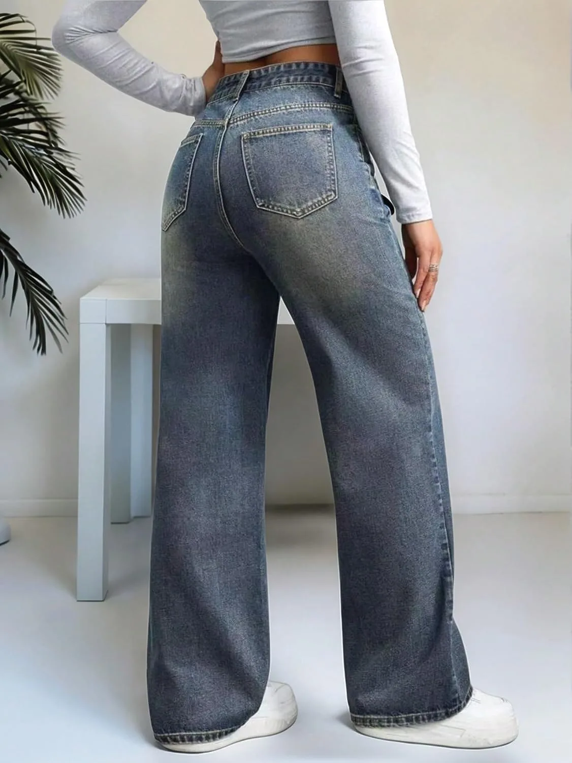 Джинсы Mid-Rise Wide-Leg с Loose fit и традиционным пятикарманным стилем — фото 3