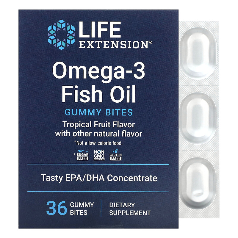 

Life Extension, Жевательные мармеладки с омега-3 рыбьим жиром, тропические фрукты, 750 мг, 36 жевательных таблеток