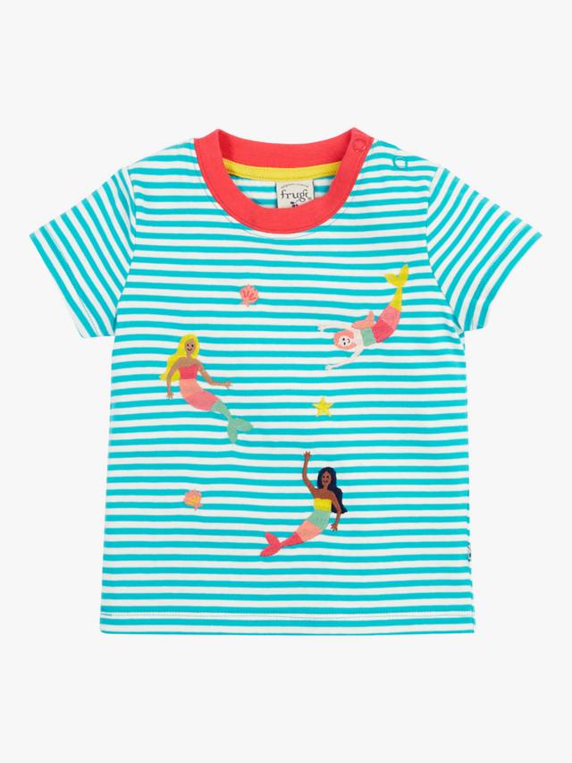 

Детская футболка Ennis из органического хлопка с полосками и вышивкой Frugi, Moss Stripe/Mermaids