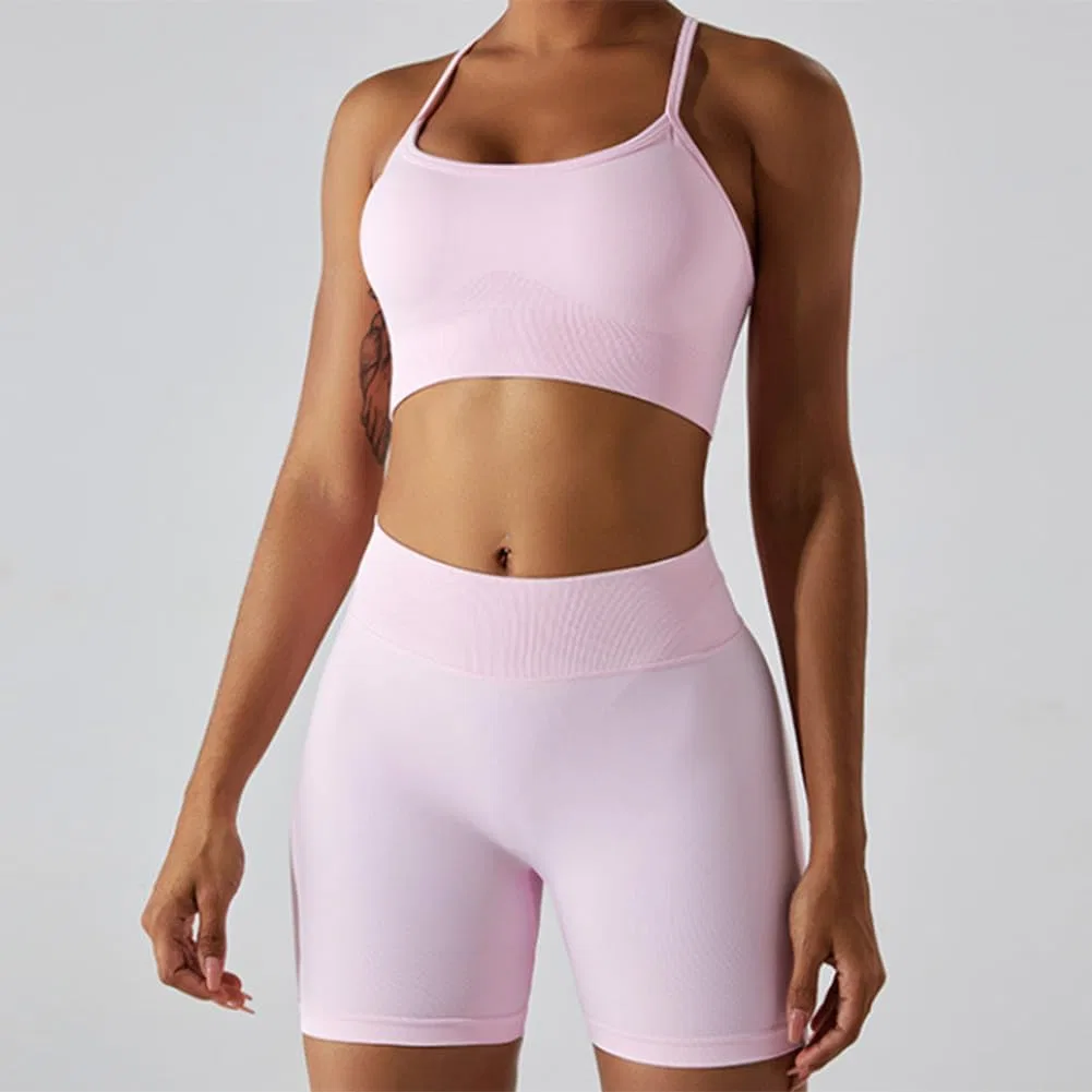 Женский спортивный комплект из топа и шорт, бесшовный, Pink — фото 2