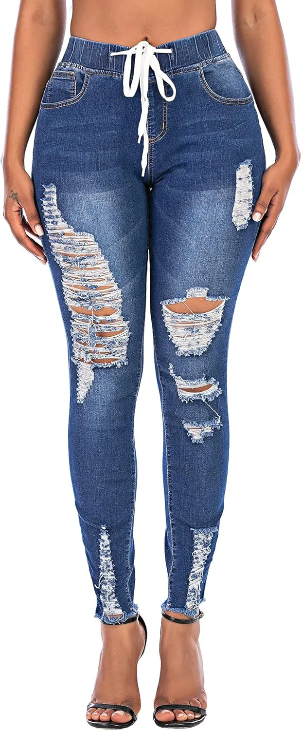 

Thunder Star рваные джинсы, скинни для женщин, с кулиской на средней талии