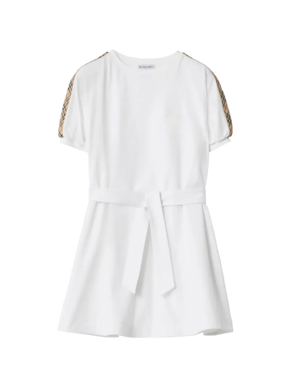 Хлопковое платье-футболка с отделкой BURBERRY KIDS, белый